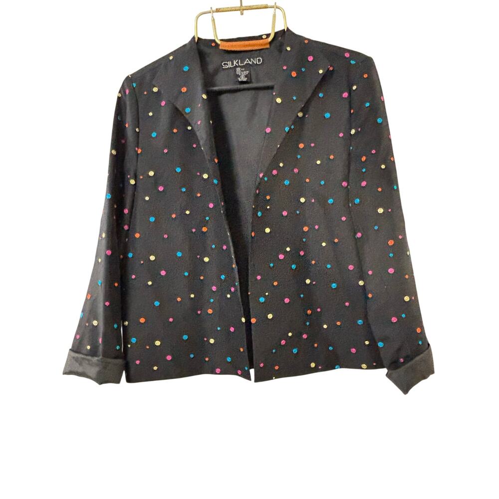 Silkland Womens 100% Silk Blazer Jacket Small Black Rainbow Polka Dot Evening